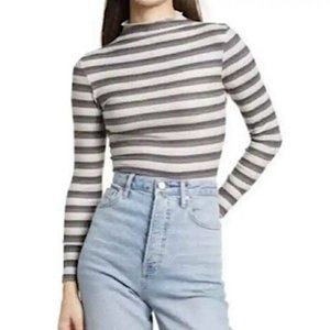 New Cali Be Striped Ribbed Mock Neck Long Sleeve Top Grey Multi Size Small